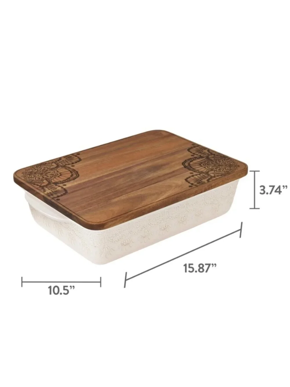 The Pioneer Woman Home White Vintage Lace Ceramic Casserole Baking Wood Lid Dish